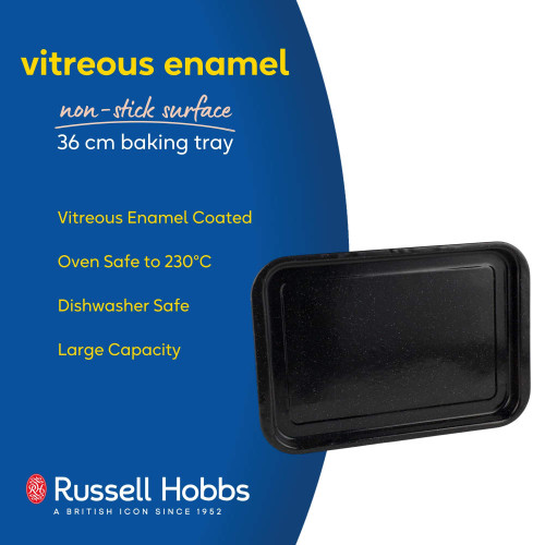 Black vitreous enamel 36 cm baking tray, non-stick, large capacity, oven and dishwasher safe.