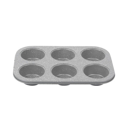 Grey non-stick 6-cup muffin tray, shown empty, angled front view