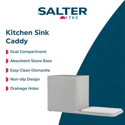 Grey kitchen sink caddy with dual compartments and absorbent stone base, shown dismantled.
