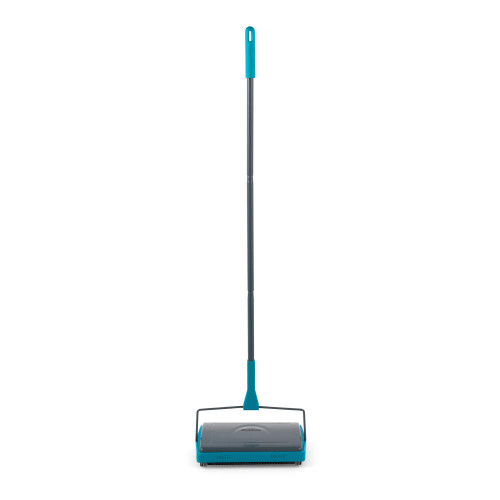 Manual carpet sweeper in blue with long handle, shown upright on white background