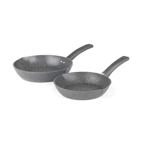 Set of two grey speckled frying pans with black handles, shown side by side