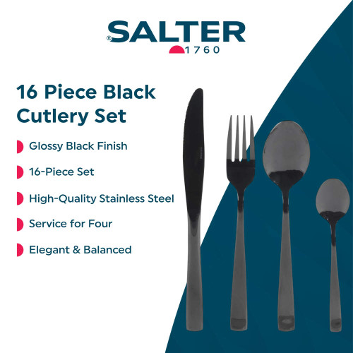 Banner: 16 piece black cutlery set with glossy finish, stainless steel, service for four