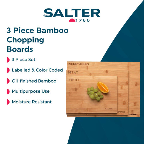 Set of three bamboo chopping boards labelled for vegetables, meat, and fruit.