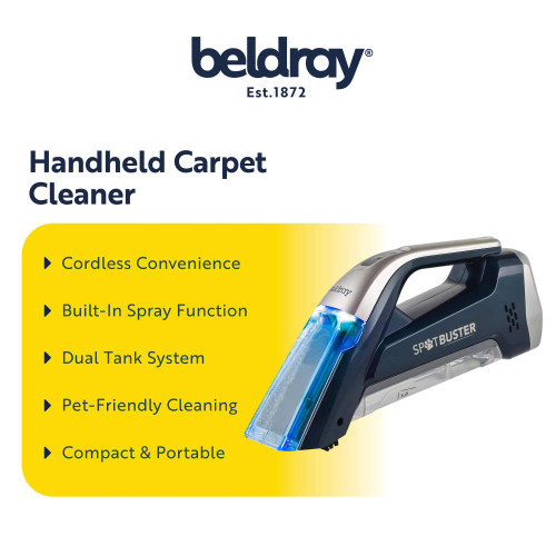Handheld carpet cleaner with cordless design, built-in spray, dual tanks, and pet-friendly features.