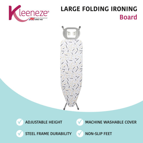 Large folding ironing board with patterned cover, adjustable height, steel frame, and non-slip feet.