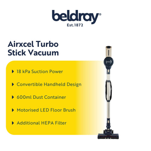 Banner: Beldray Airxcel Turbo Stick Vacuum with 18 kPa suction, handheld convertible, HEPA filter.