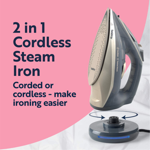 Banner: 2 in 1 cordless steam iron, corded or cordless, makes ironing easier
