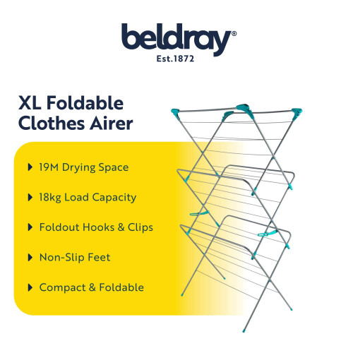 XL foldable clothes airer with blue accents, metal frame, compact design, suitable for indoor drying.