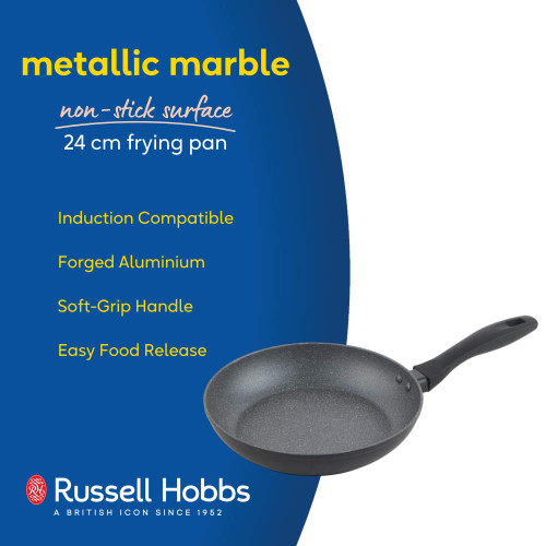 Russell Hobbs metallic marble non-stick 24cm frying pan, black with soft-grip handle, induction compatible.