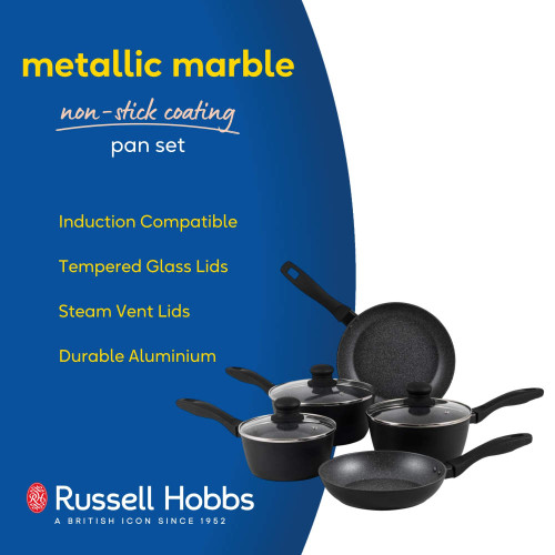 Black metallic marble non-stick pan set with tempered glass lids, shown on white background.