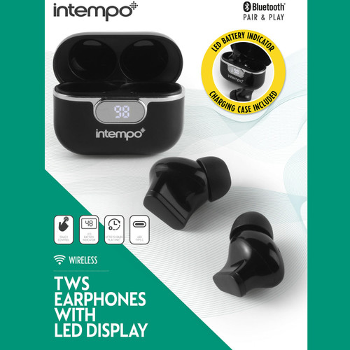 Intempo TWS Bluetooth Earphones with Charging Case, LED Battery Indicator Display, 15 Hours Play Time, Hands-Free Microphone, Rechargeable Battery, Wireless Up To 25m, Black  EE7461BLKCDUSTKEU7 5054061519617