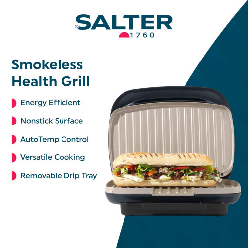 Salter smokeless health grill with sandwich, showing energy efficient, nonstick and versatile cooking features.