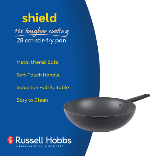 28cm black stir-fry pan with soft-touch handle, induction hob suitable, metal utensil safe