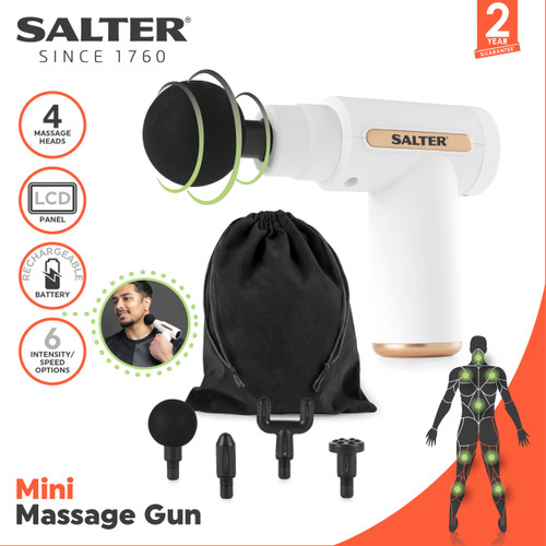 Salter Mini Electric Massage Gun – 4 Massage Heads, Includes Carry Bag and USB, White  EE7427WHTSTKEU7 5054061519785