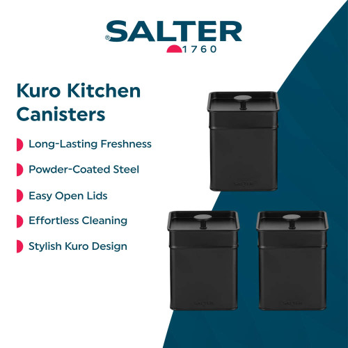 Set of three black powder-coated steel kitchen canisters with easy open lids, modern Kuro design
