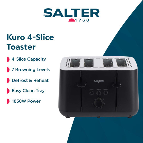 Black 4-slice toaster with Salter logo, highlighting browning levels and defrost functions