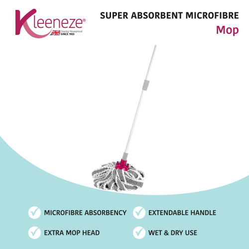 Super absorbent microfibre mop with extendable handle and extra mop head for wet or dry use