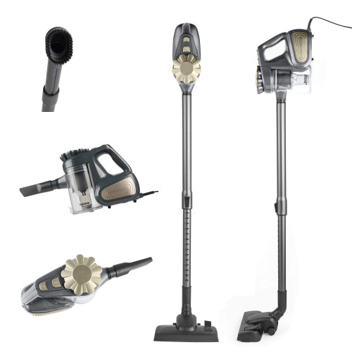 Corded handheld and upright vacuum cleaner in grey and gold, shown with accessories
