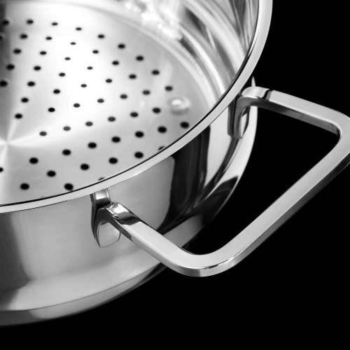 Stainless steel steamer insert with side handle, shown close-up against black background