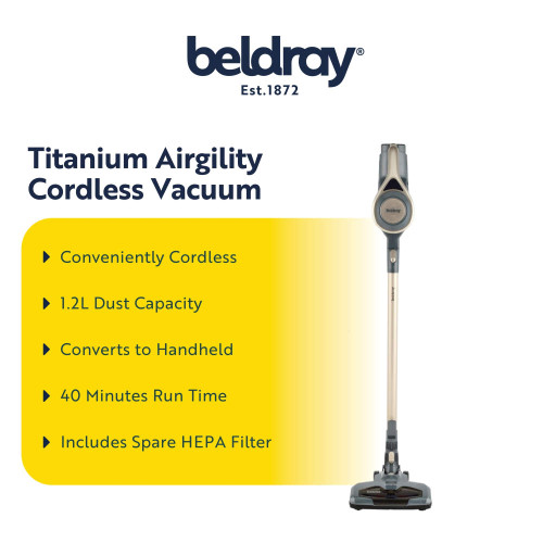 Promotional graphic showing Beldray Titanium Airgility cordless vacuum with key features listed.