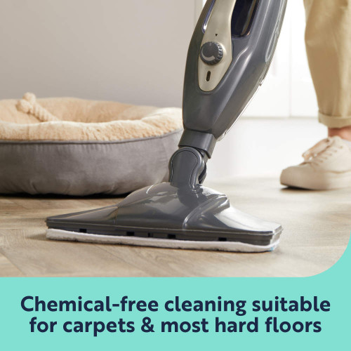 Steam mop cleaning hard floor, chemical-free and suitable for carpets