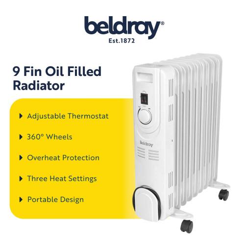 White 9-fin oil filled radiator with adjustable thermostat, wheels, and overheat protection