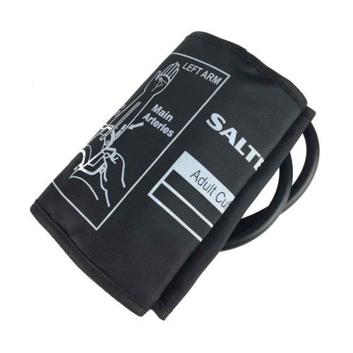Adult black blood pressure cuff with diagram and tube, suitable for left arm use