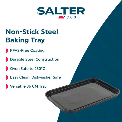 Black non-stick steel baking tray, 36 cm, PFAS-free, dishwasher safe.