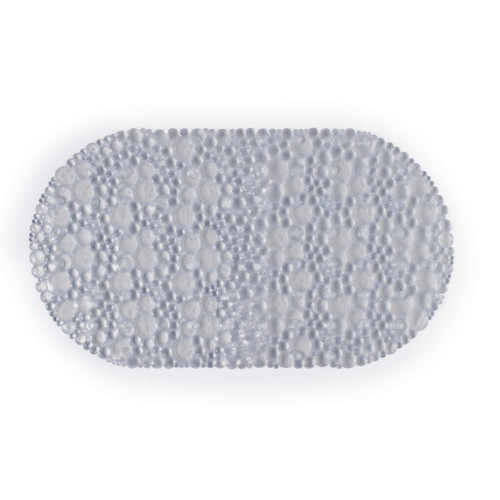 Clear oval bath mat with raised bubble texture