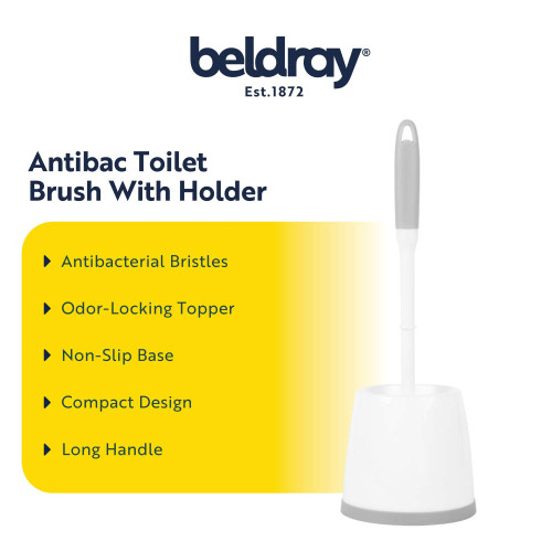 White and grey toilet brush with holder, showing antibacterial bristles and long handle.