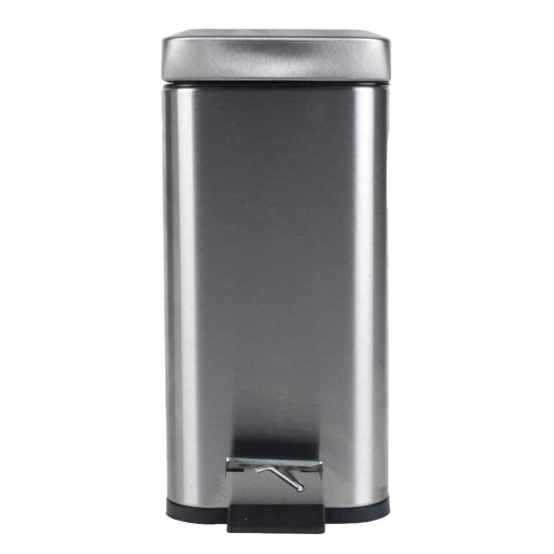 Stainless steel rectangular pedal bin, closed lid, front view