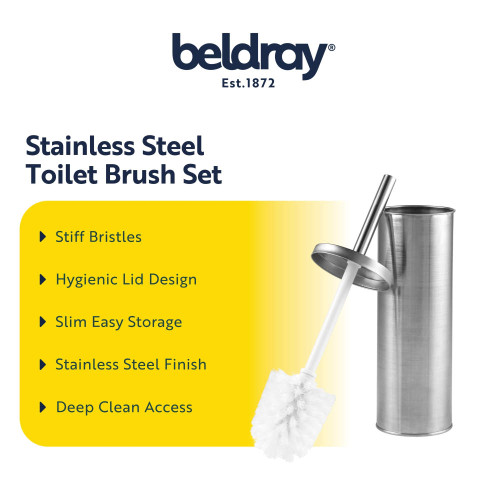 Stainless steel toilet brush and holder with hygienic lid, slim design, and stiff bristles