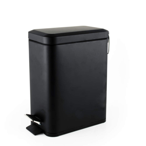 Black rectangular pedal bin with soft-close lid, shown angled on white background