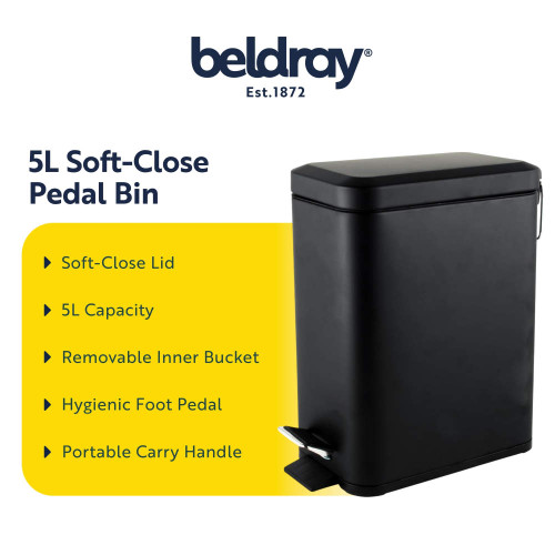 Black 5L pedal bin with soft-close lid, removable inner bucket, and carry handle