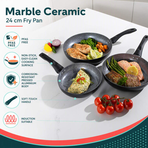 Grey marble ceramic fry pan set with non-stick coating and soft-touch handles