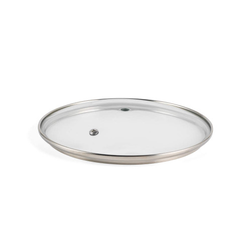 Glass pan lid with stainless steel rim and steam vent, shown on white background