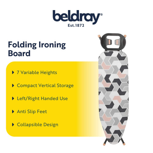 Beldray folding ironing board with grey geometric cover, collapsible, 7 heights.