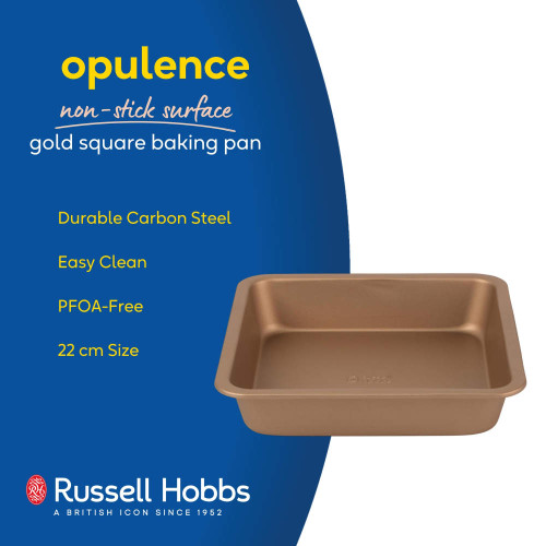 Gold non-stick square baking pan, 22 cm, carbon steel, Russell Hobbs Opulence range.