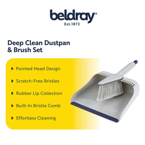 Blue and white dustpan and brush set with pointed head, scratch-free bristles and rubber lip.