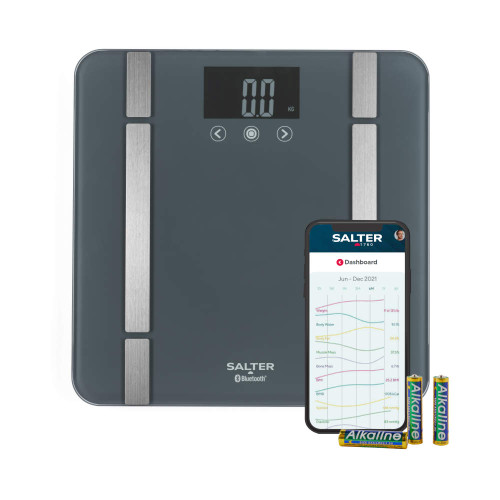 Graphite smart bathroom scale with Bluetooth, digital display, phone app, and alkaline batteries