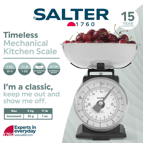 Salter Timeless Mechanical Kitchen Scale – 5 kg Capacity, 1 Litre Bowl, Black