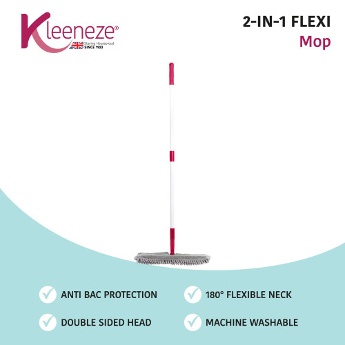 Pink and white 2-in-1 flexible mop with double sided head and anti-bac protection
