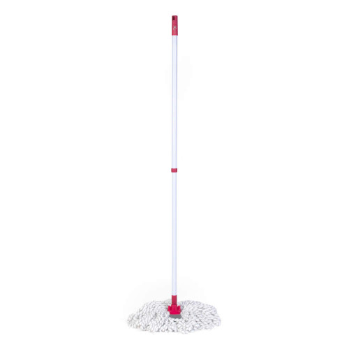 Cotton string mop with white and pink handle, shown upright on white background