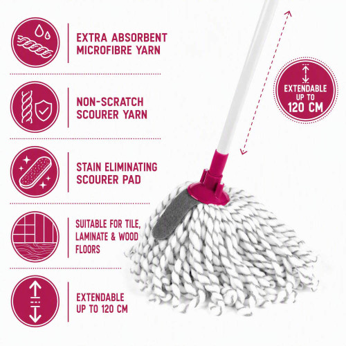 Pink mop with extendable 120cm handle and microfibre head for hard floors