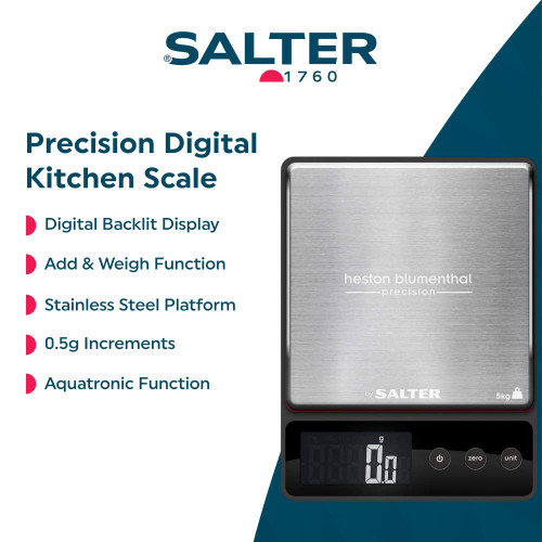 Stainless steel digital kitchen scale with backlit display and add & weigh function