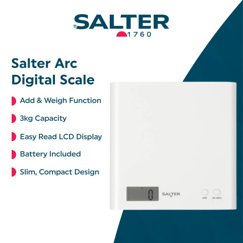 White Salter Arc digital kitchen scale with LCD display, slim design, and 3kg capacity.