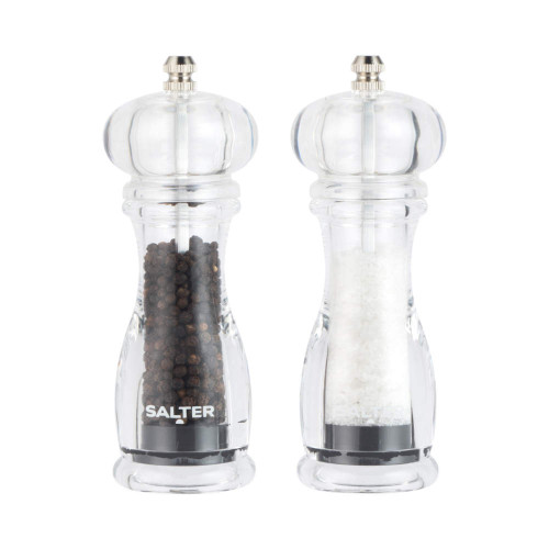 Clear acrylic salt and pepper mill set containing salt and black peppercorns