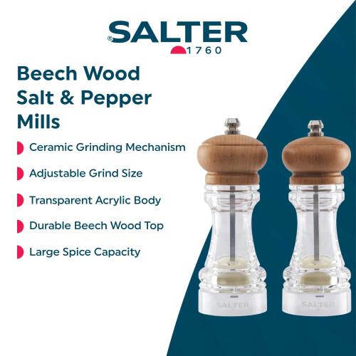 Pair of clear acrylic salt and pepper mills with beech wood tops, product feature banner