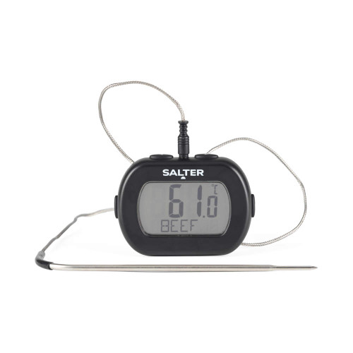 Digital meat thermometer with probe, black, showing 61°C for beef