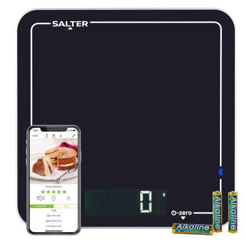 Black Salter digital kitchen scale with smartphone and batteries, shows LCD display.